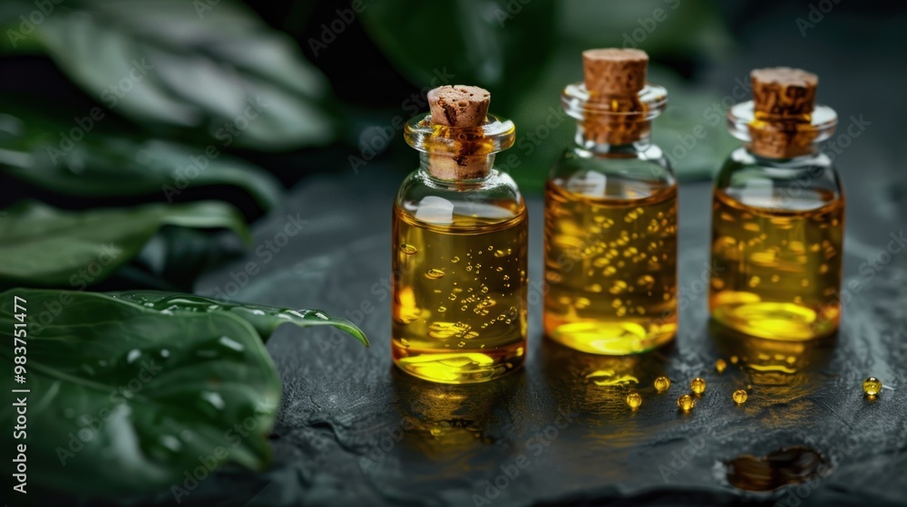 A closeup of three small glass bottles filled with golden oil, each featuring a wooden stopper A closeup of three small glass bottles filled with golden oil, each featuring a wooden stopper