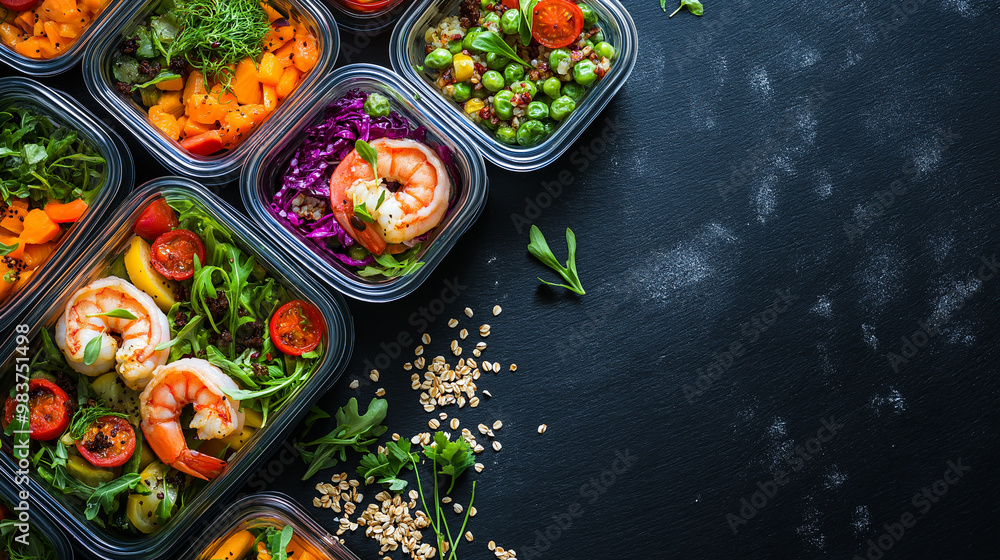 Healthy meal prep containers filled with shrimp, vegetables, and salads on a black background. Healthy meal prep containers filled with shrimp, vegetables, and salads on a black background.