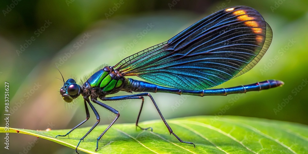A black dragonfly assumes a regal pose on a lush leaf, its shimmering wings displaying a kaleidoscope of A black dragonfly assumes a regal pose on a lush leaf, its shimmering wings displaying a kaleidoscope of