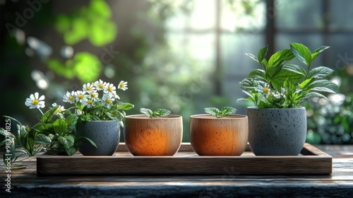 Wallpaper Mural A serene display of potted plants on a wooden tray. Torontodigital.ca
