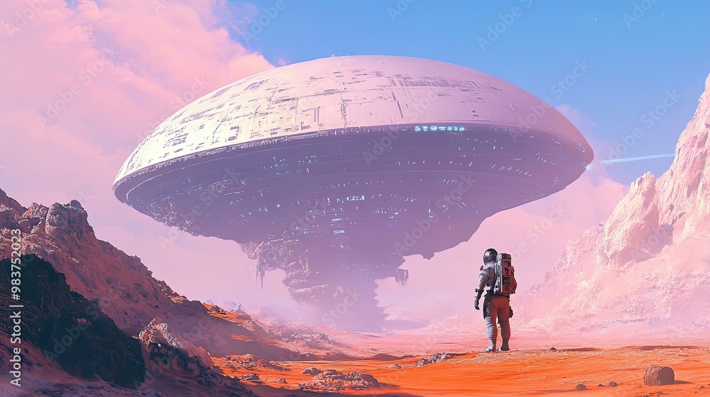 An astronaut on a red planet gazing at a futuristic, hovering, disc-shaped spacecraft under a pink sky An astronaut on a red planet gazing at a futuristic, hovering, disc-shaped spacecraft under a pink sky