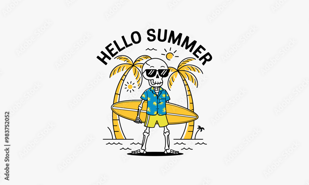 Skeleton surfing under palm trees with Hello Summer text Skeleton surfing under palm trees with Hello Summer text