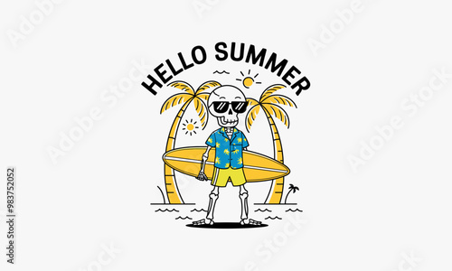 Skeleton surfing under palm trees with Hello Summer text