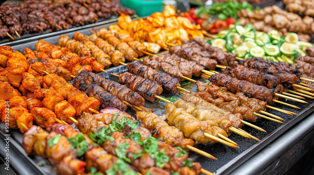 Grilled meat skewers on display at a food market with various vegetables and spices. Grilled meat skewers on display at a food market with various vegetables and spices.