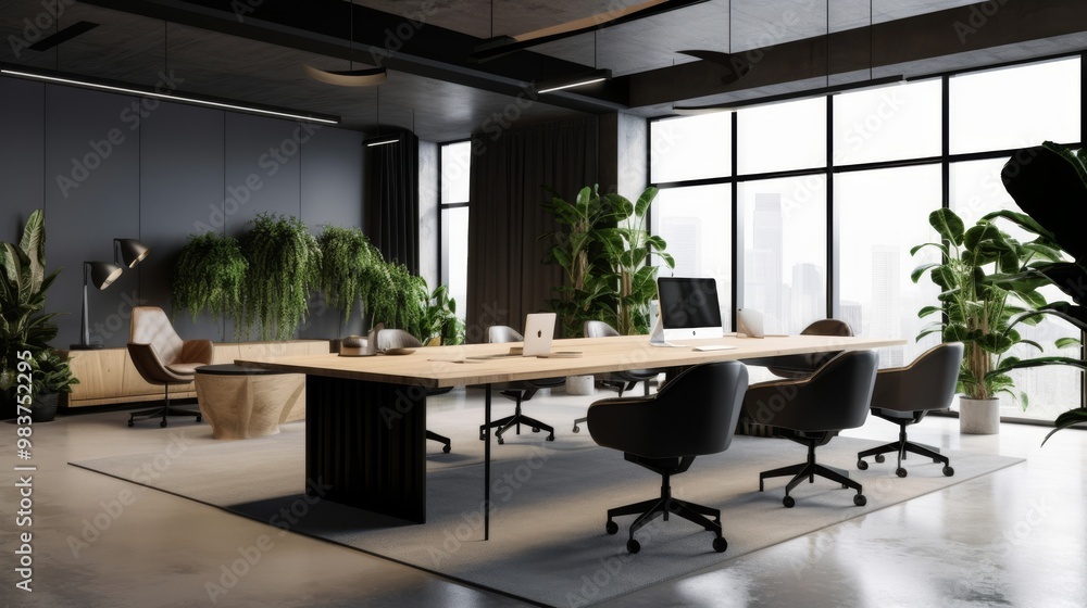 Fototapeta premium A large conference room with a long table and several chairs