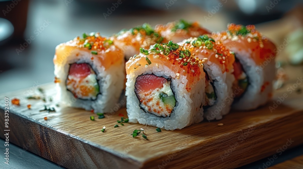 Close-Up of an Elegant Sushi Roll on a Wooden Board – High-Resolution Professional Photograph with Sharp Focus, Cinematic Angle, and Beautiful Lighting Effects
Close-Up of an Elegant Sushi Roll on a Wooden Board – High-Resolution Professional Photograph with Sharp Focus, Cinematic Angle, and Beautiful Lighting Effects
