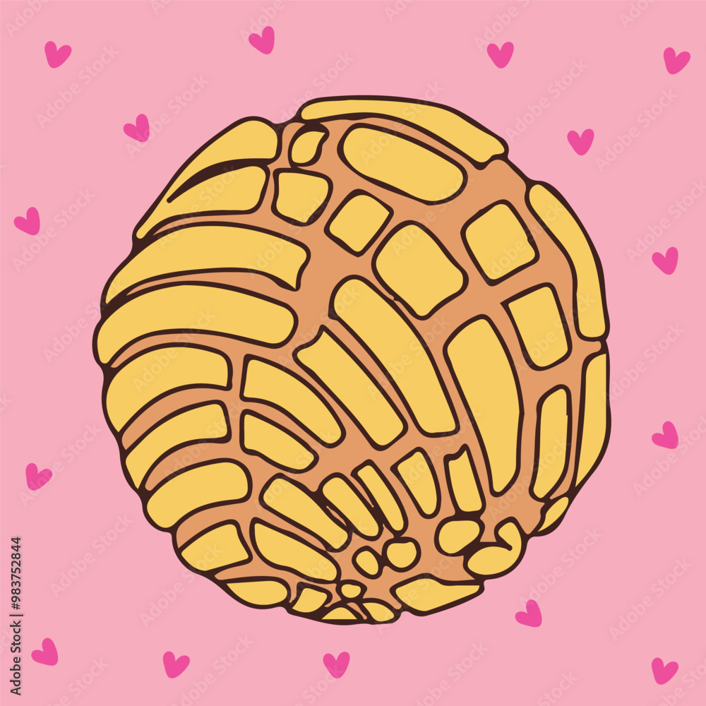 Concha traditional Mexican sweet bread Cute illustration of a vanilla concha with hearts Concha traditional Mexican sweet bread Cute illustration of a vanilla concha with hearts