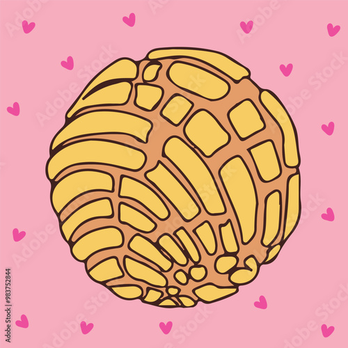 Concha traditional Mexican sweet bread Cute illustration of a vanilla concha with hearts