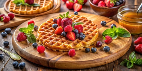 A circular display of waffle sticks sitting on a wooden board, complemented by fresh fruits and a glossy