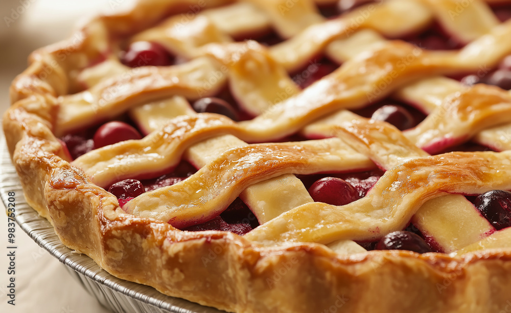 Close-up of a freshly baked lattice-top cherry pie. Close-up of a freshly baked lattice-top cherry pie.