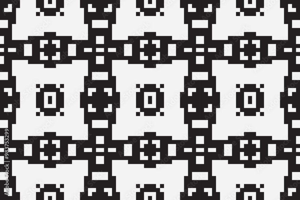 Vector monochrome ornamental pattern in ethnic style. Traditional folk motif. Abstract geometric seamless texture with floral shapes, grid, Vector monochrome ornamental pattern in ethnic style. Traditional folk motif. Abstract geometric seamless texture with floral shapes, grid,