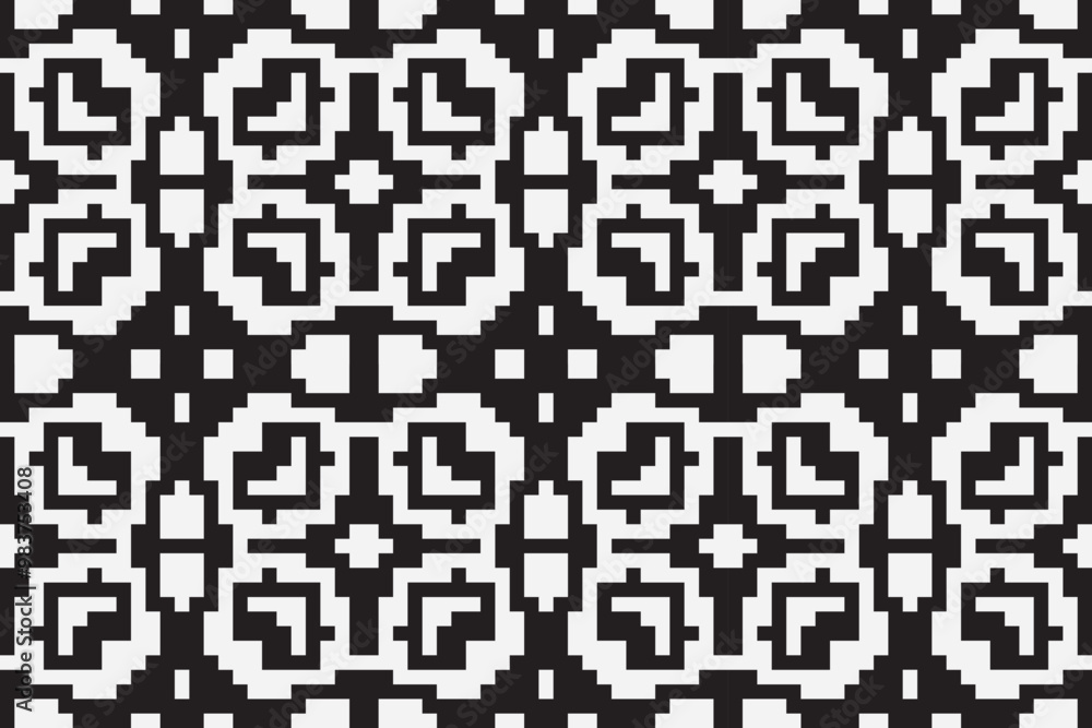 Vector monochrome ornamental pattern in ethnic style. Traditional folk motif. Abstract geometric seamless texture with floral shapes, grid, Vector monochrome ornamental pattern in ethnic style. Traditional folk motif. Abstract geometric seamless texture with floral shapes, grid,