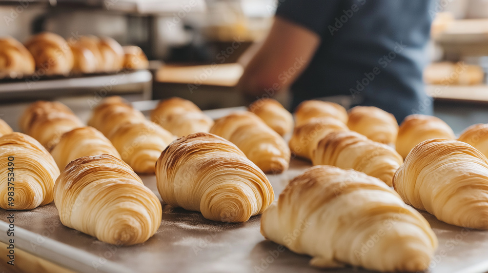 Freshly baked croissants on a tray in a bakery with a worker in the background. Freshly baked croissants on a tray in a bakery with a worker in the background.