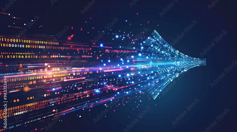 Obraz premium Abstract data flow with binary code and colorful lines on a dark blue background vector illustration