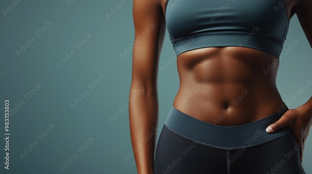A close-up of a fit woman’s toned abdomen, showcasing her flat stomach in gym attire, perfect for emphasizing strength, fitness, and a healthy lifestyle. Captures the essence of athleticism and gym mo A close-up of a fit woman’s toned abdomen, showcasing her flat stomach in gym attire, perfect for emphasizing strength, fitness, and a healthy lifestyle. Captures the essence of athleticism and gym mo