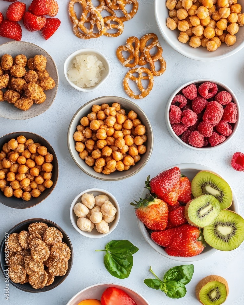 A colorful arrangement of snacks and fruits in bowls, showcasing healthy eating options. A colorful arrangement of snacks and fruits in bowls, showcasing healthy eating options.