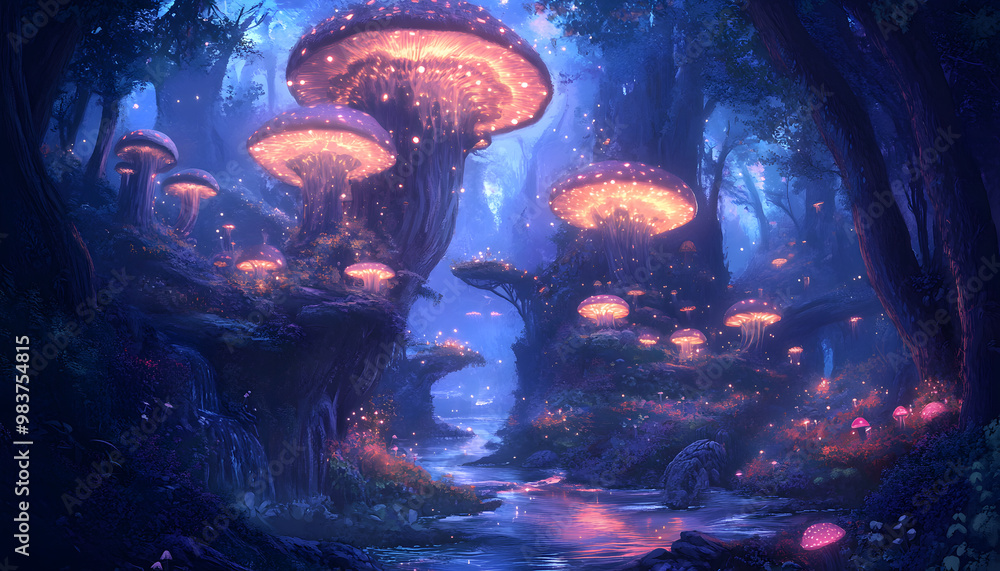 Fototapeta premium A mystical forest with glowing mushrooms, winding rivers, and floating islands, creating a magical and otherworldly feel