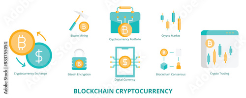Blockchain Cryptocurrency Flat Banner Web Icon Set Vector Illustration, Cryptocurrency Exchange Crypto Market Bitcoin Mining Portfolio Encryption Consensus Digital Currency Crypto Trading
