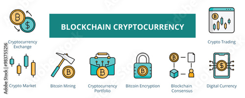 Blockchain Cryptocurrency Lineal Color Banner Web Icon Set Vector Illustration, Cryptocurrency Exchange Crypto Market Bitcoin Mining Portfolio Encryption Consensus Digital Currency Crypto Trading