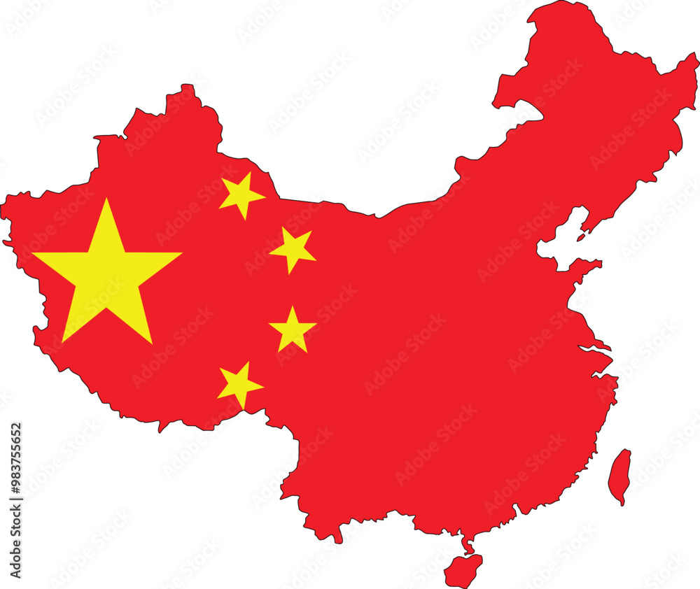 country map with flag, China's borders, China's flag, the shape of China's territory with the flag in the background country map with flag, China's borders, China's flag, the shape of China's territory with the flag in the background