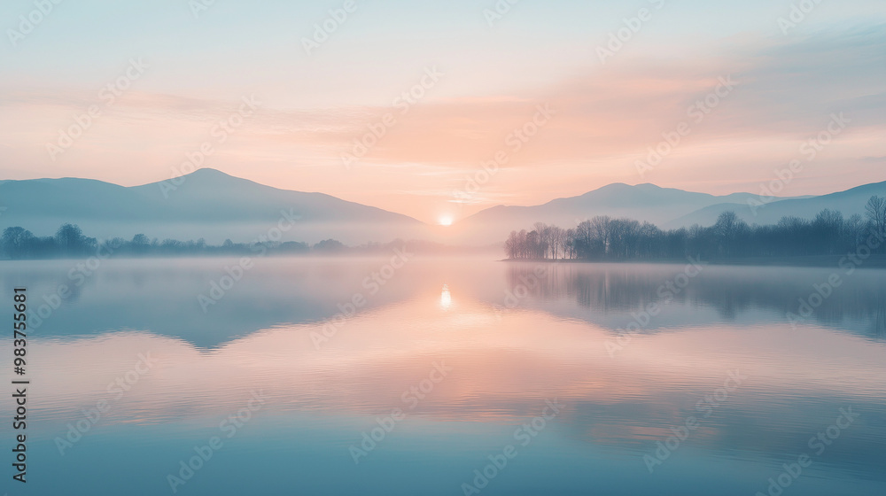 Fototapeta premium Calm natural landscape, serene atmosphere, sunrise over tranquil lake, soft pastel colors