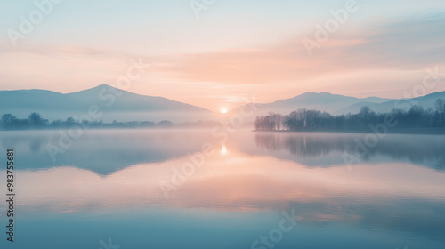 Wallpaper Mural Calm natural landscape, serene atmosphere, sunrise over tranquil lake, soft pastel colors Torontodigital.ca