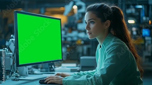 Woman in a Green Lab Coat Works at a Computer with a Green Screen