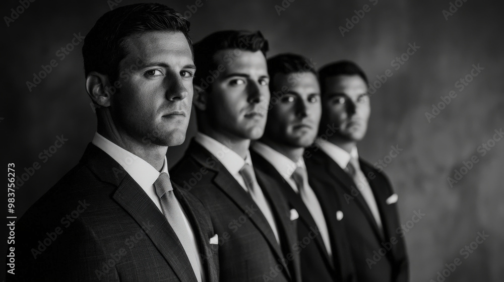 A striking black and white portrait featuring four men in formal suits, showcasing their serious expressions and strong presence. image captures sense of unity and sophistication A striking black and white portrait featuring four men in formal suits, showcasing their serious expressions and strong presence. image captures sense of unity and sophistication