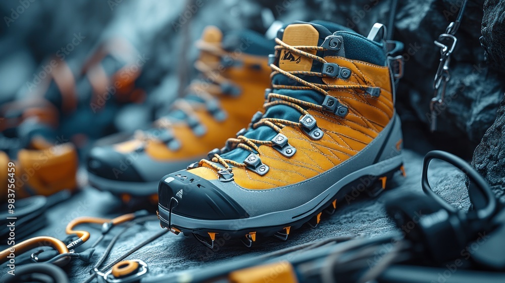 A close-up of hiking boots designed for rugged outdoor activities. A close-up of hiking boots designed for rugged outdoor activities.