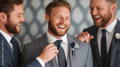 A candid shot of groomsmen helping groom adjust his tie, capturing joyful moment filled with laughter and camaraderie