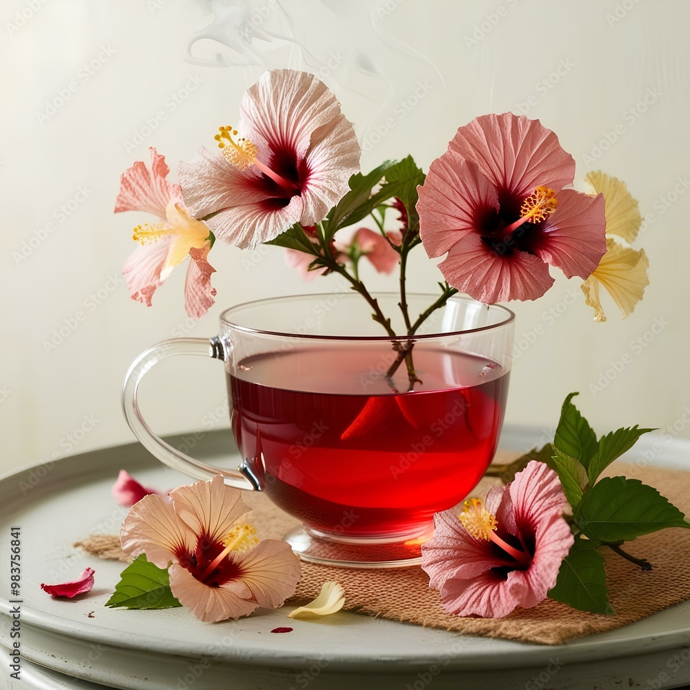 Hibiscus tea in a glass cup with fresh hibiscus flowers Hibiscus tea in a glass cup with fresh hibiscus flowers