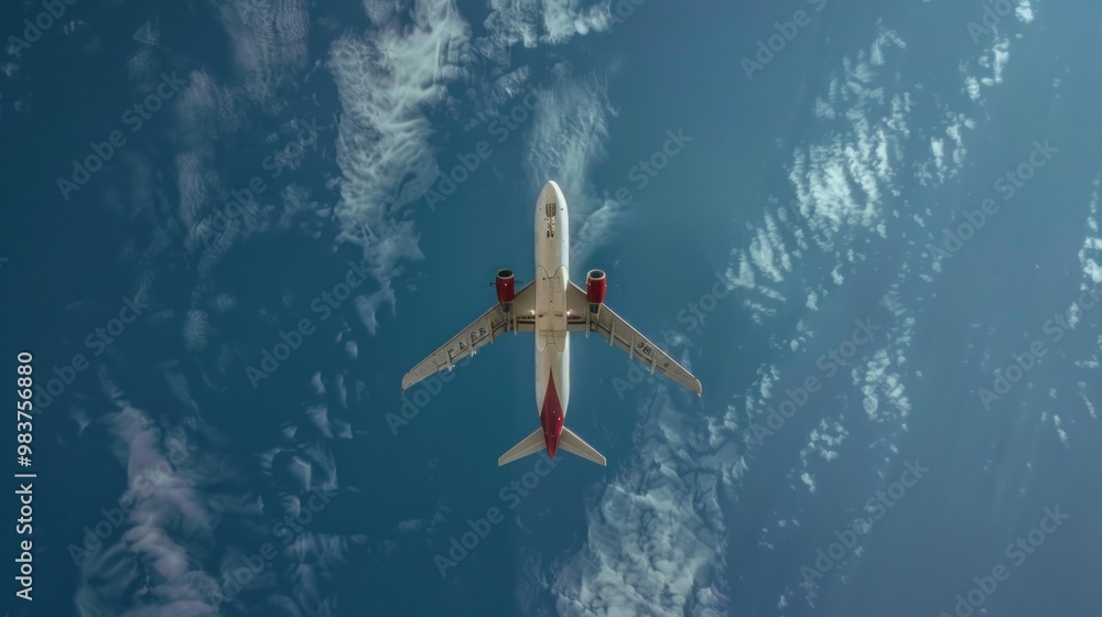 Fototapeta premium A commercial airplane flying in the sky, viewed from below