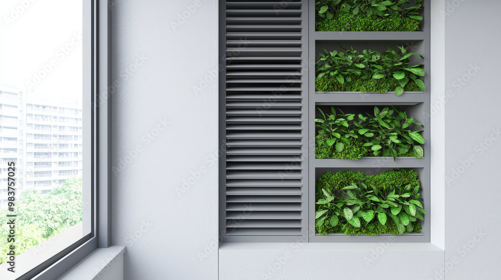 Fototapeta premium A modern interior featuring wall with green plants in shelves, enhancing spaces freshness and tranquility. design combines nature with contemporary architecture