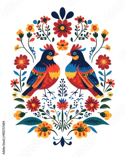 Floral Illustration with Birds
