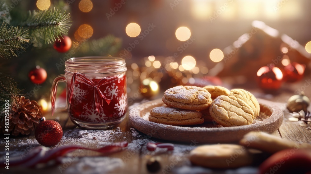offene Keks/Plätzchendose auf einem Hölzernen Tisch mit Weihnachtsdeko im Hintergrund. KI Generated offene Keks/Plätzchendose auf einem Hölzernen Tisch mit Weihnachtsdeko im Hintergrund. KI Generated