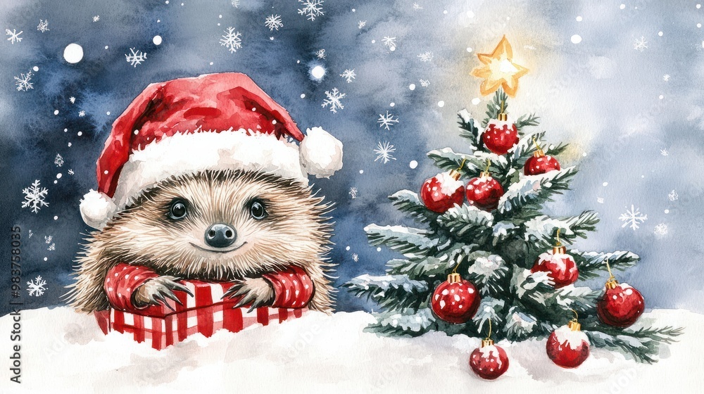 New year's postcard with hedgehog. Christmas and new year. Watercolor cartoon animal. Cute character. Hand drawn watercolor illustration. Christmas tree. Greeting card New year's postcard with hedgehog. Christmas and new year. Watercolor cartoon animal. Cute character. Hand drawn watercolor illustration. Christmas tree. Greeting card