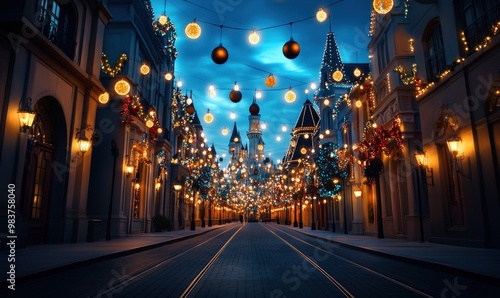 Festive Christmas Street with Lights and Ornaments.