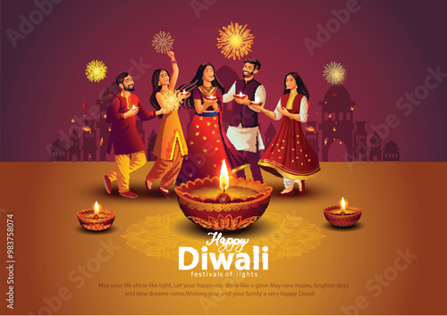 Indian festival Happy Diwali with Diwali props, holiday Background, Diwali celebration greeting card, vector illustration design.