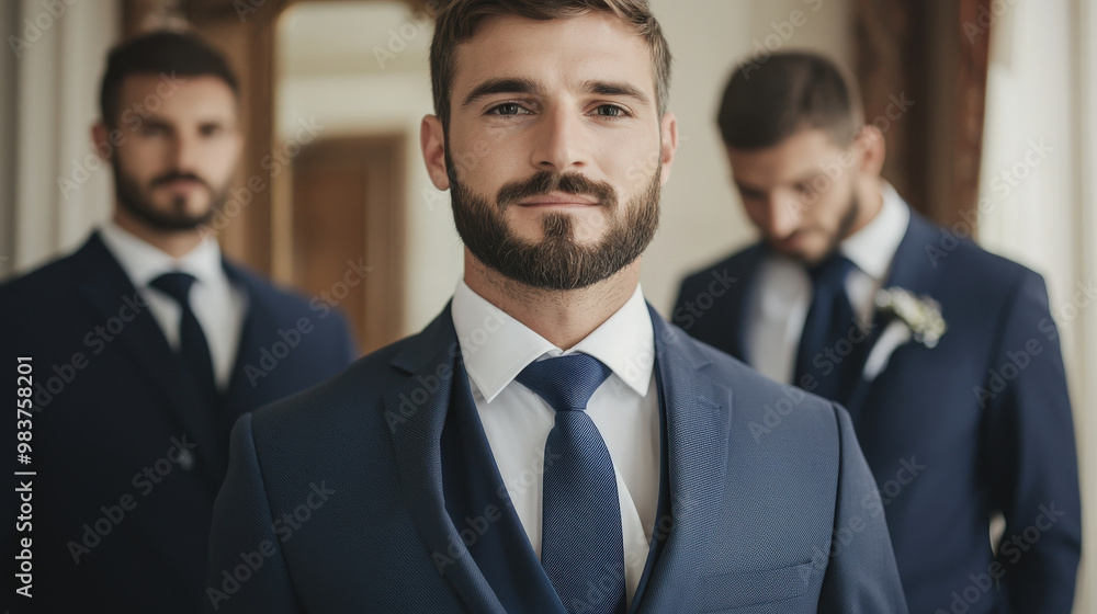 Groomsmen in formal suits exude confidence and elegance, standing together in stylish setting. Their poised expressions reflect significance of occasion Groomsmen in formal suits exude confidence and elegance, standing together in stylish setting. Their poised expressions reflect significance of occasion