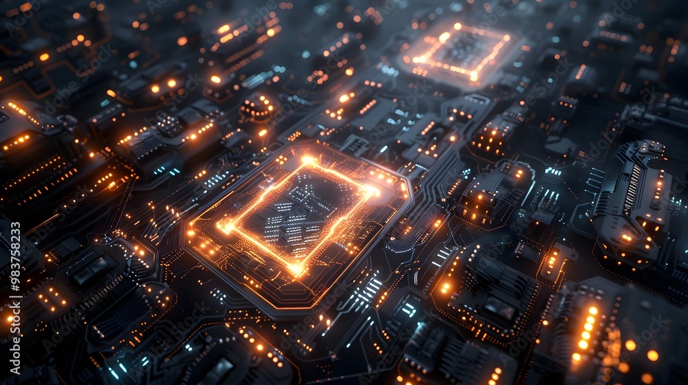 A high-tech, central core with glowing circuits and data streams, representing the core component of an operating system managing system resources and hardware communication A high-tech, central core with glowing circuits and data streams, representing the core component of an operating system managing system resources and hardware communication