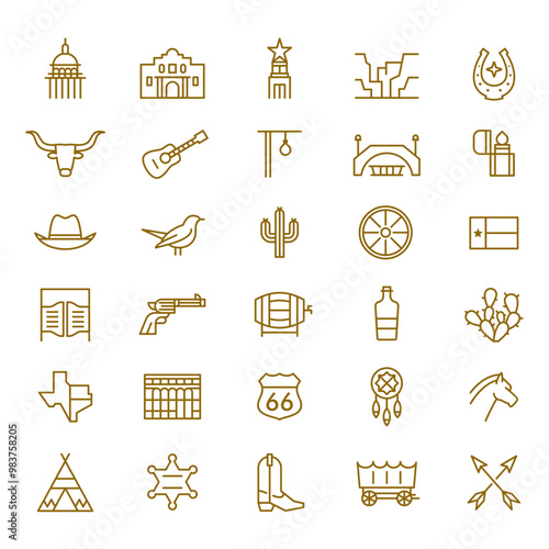 Old West Texas Outline Icons. Vector Set of Lone Star State Symbols