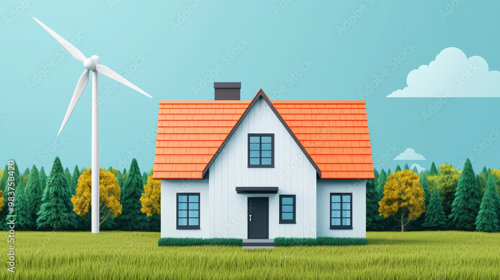 A charming house with vibrant orange roof stands amidst lush greenery and wind turbine, symbolizing eco friendly living. light blue sky adds serene touch to this picturesque scene A charming house with vibrant orange roof stands amidst lush greenery and wind turbine, symbolizing eco friendly living. light blue sky adds serene touch to this picturesque scene