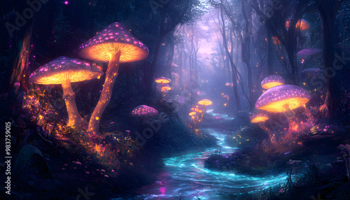 A mystical forest with glowing mushrooms, winding rivers, and floating islands, creating a magical and otherworldly feel