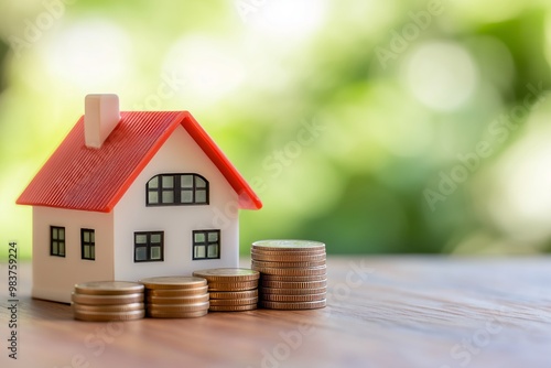 Small house model with stacks of coins symbolizing property investment and financial planning. Real estate finance concept