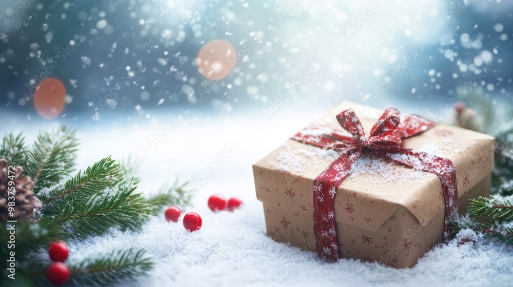 Small christmas parcel with snow and copy space Small christmas parcel with snow and copy space