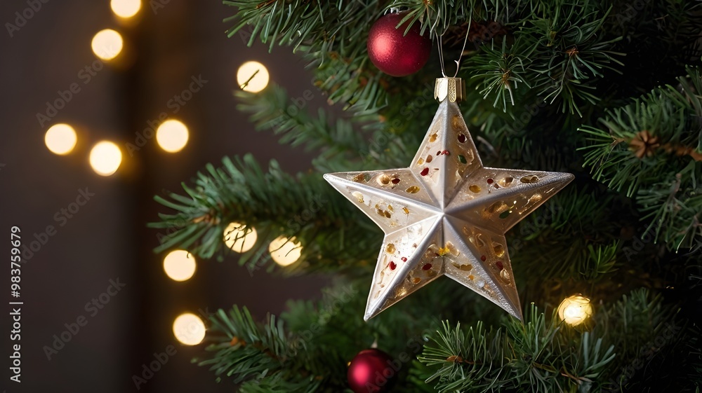 star shape ornament close-up, red baubles, and warm holiday lights in the background star shape ornament close-up, red baubles, and warm holiday lights in the background
