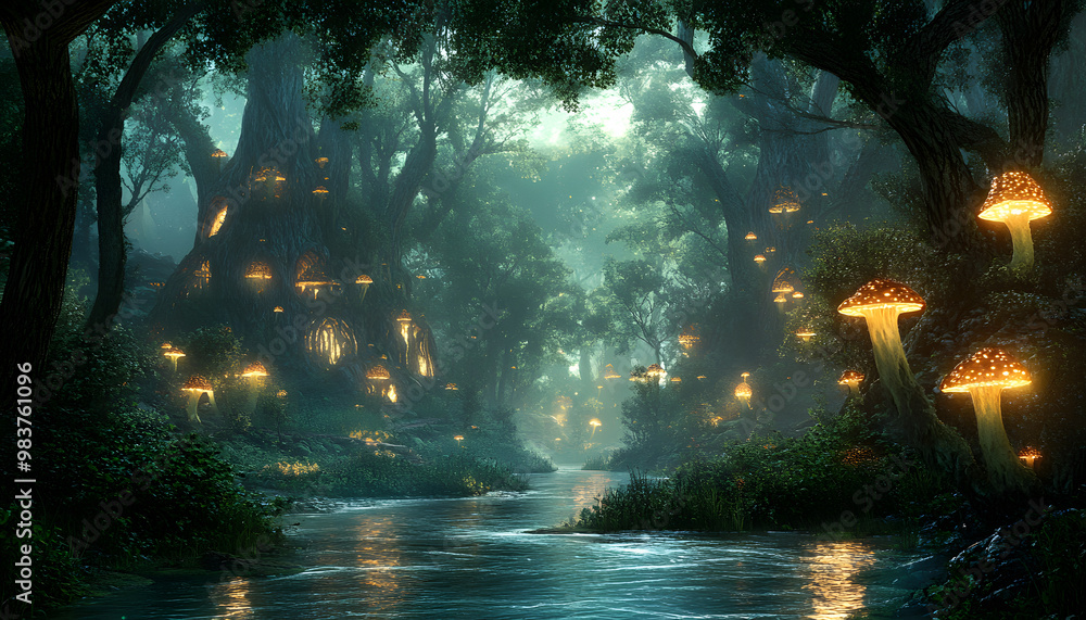 Fototapeta premium A mystical forest with glowing mushrooms, winding rivers, and floating islands, creating a magical and otherworldly feel
