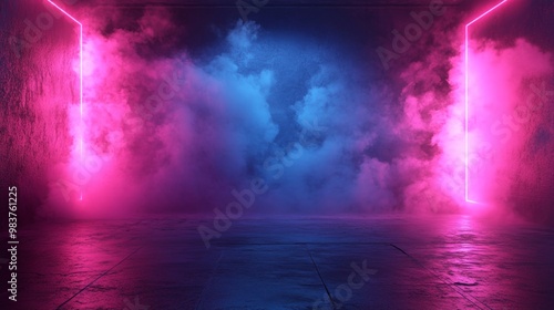 Wallpaper Mural Neon frame in the wall with a hole. A neon framed doorway glowing in pink light, with smoke billowing through a broken wall, creating a surreal and futuristic background Torontodigital.ca