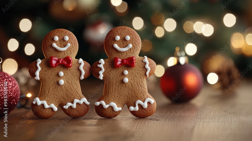 Two gingerbread men decorated with white icing and red bow ties standing upright on a wooden table, with a background of Christmas lights. Two gingerbread men decorated with white icing and red bow ties standing upright on a wooden table, with a background of Christmas lights.