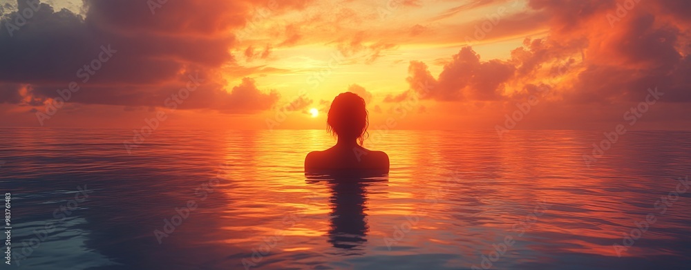 Serene Sunset Over Calm Water with Silhouette Serene Sunset Over Calm Water with Silhouette